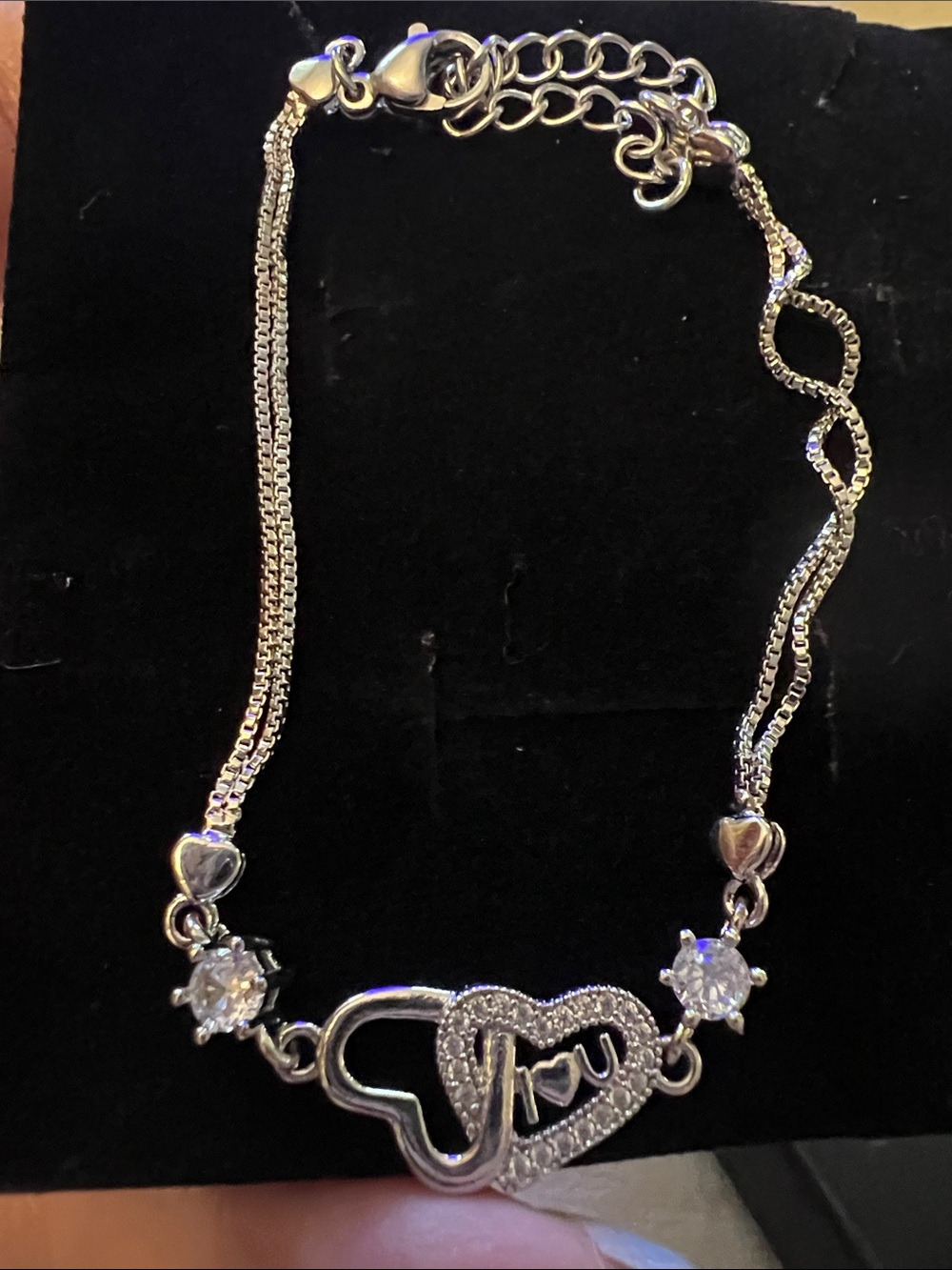 Silver Heart Link Bracelet with I ❤️ U and Cubic Zirconia Accents